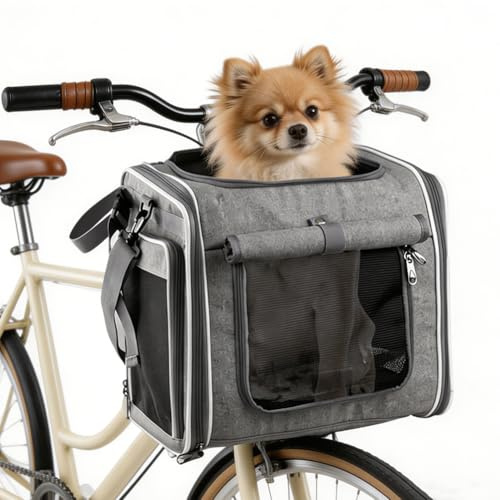 Cesta delantera para bicicleta para perros, 4 en 1, ampliable cesta para perros para bicicleta de hasta 10 kg, cesta para bicicleta, mochila y bolsa de transporte con 4 ventanas de malla, cinturón de