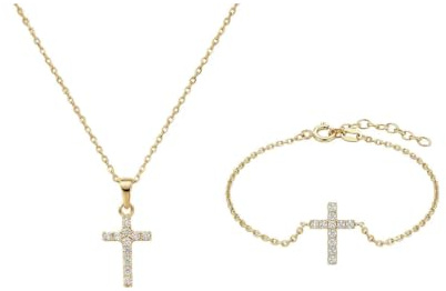 Suzan Gold® 375 Echtgold Schmuckset Damen Halskette Armband Kreuz Zirkonia elegant wasserfest nickelfrei Geschenk Set Crucelle Spark hochwertig