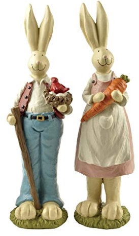 Osterhasen-Dekoration, Pärchen-Hase, Vogelschütten und Karotte, handbemalte Bastelstatue, Frühlings-Osterhasen-Figur, 22,9 cm H