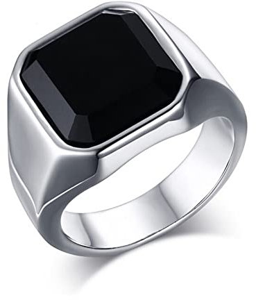 AMDXD Schmuck Edelstahl Herren Silber Engagement Ringe Schwarz Quadratische Achat,Einfach Gr.54 (17.2)
