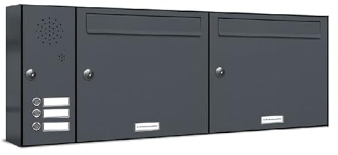 AL Briefkastensysteme 2er Briefkastenanlage mit Klingel Anthrazit Grau RAL 7016, Premium Doppel-Briefkasten DIN A4, 2 Fach Postkasten modern Aufputz