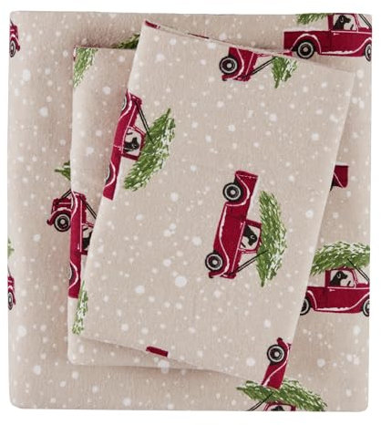 WOOLRICH Warme weiche Flanell-Bettwäsche mit 35,6 cm tiefen Taschen, für die kalte Jahreszeit, gemütliches Bettwäsche-Set, passende Kissenbezüge, Twin, hellbraune Autos