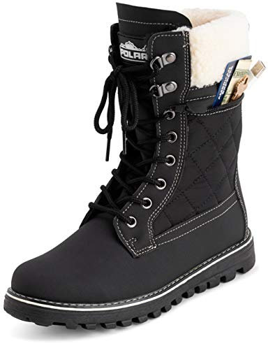 Polar Damen Gedächtnisschaum Außentasche Inside Reißverschluss Thermal Wasserdicht Tiefer Schritt Gummisohle Schnee Stiefels - Schwarz/Beige Lammfell - UK7/EU40 - YC0617