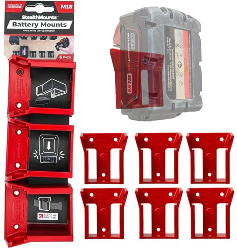 StealthMounts Battery Holder Compatible with Milwaukee M18 (6 Pack) - Red | StealthMounts Battery Mounts | Made in the UK