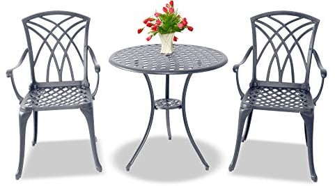 Centurion Supports OSHOWA Luxurious Garden & Patio Table & 2 Large Chairs with Armrests Cast Aluminium Bistro Set - Grey