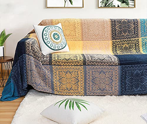AIVIA Böhmische Überwurfdecke, Chenille, gewebt, bunt, Liegestuhl, Couch-Überwurf, Futon-Möbelbezug, Sofa-Schonbezug, Bettdecke mit Boho-Fransen, 221 x 261,6 cm, groß, übergroß, blaugrün gelb