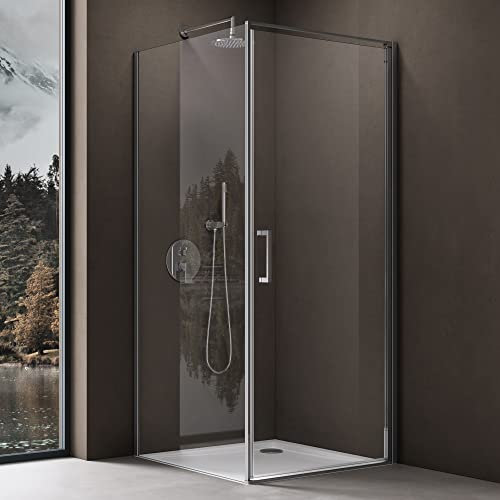 doporro Cabine de Douche en Angle Montage réversible 100x100x195 Porte Pivotante Autolevante en Verre Transparant avec Receveur de Douche Ravenna36-Plus