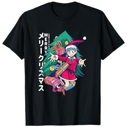 Frohe Weihnachten, japanisches Mädchen, Anime-Manga, schenkt Geschenke T-Shirt