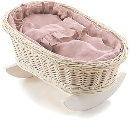 e-wicker24 Alles aus Weide Whitewashed Wicker Dolls Cot Vintage Dolls Cradle Doll Bed Handmade Cot for Dolls Baby Doll Crib Retro Style Pink Doll Bedding-Wooden Rocking Cradle rocking bassinet toy