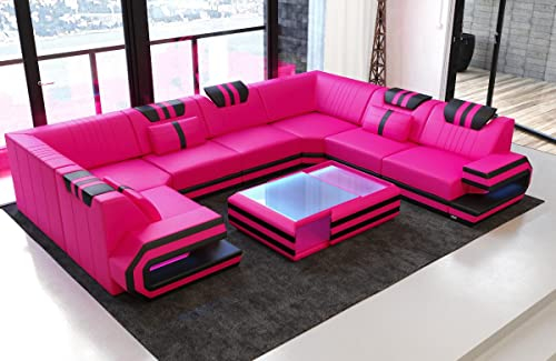 Sofa Wohnlandschaft Ragusa Ledersofa U Form - mit LED Beleuchtung, verstellbare Kopfstützen/Lederfarben wählbar/Ausrichtung wählbar (Lange Seite rechts, Pink-Schwarz)