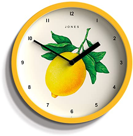 Jones Clocks® Fruit Reloj de Pared | Reloj Redondo pequeño | 20cm | Amarillo | Esfera de limón ilustrada botánica | Ideal para Cocina y Comedor.
