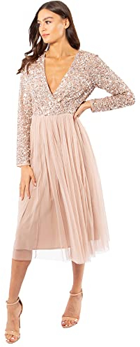Maya Deluxe Damen Maya Deluxe Dames Wedding Guest Midi Jurk met lange mouwen en V-hals V-hals Brautjungfernkleid, Taupe Blush, 46 EU