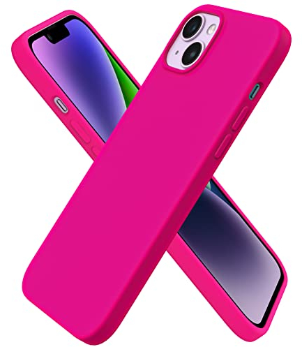 ORNARTO Cover per iPhone 14 Plus Silicone 6.7 Pollici, Custodia Compatibile con iPhone 14 Plus Cover, Morbido Silicone Liquido Protezione, in Gomma Gel Morbida con Fodera in Microfibra-Rosa Caldo