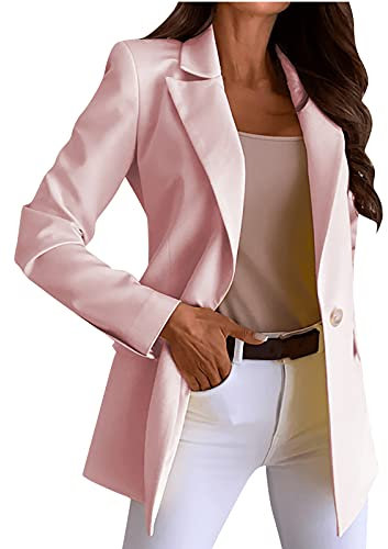 Susenstone Blazer Femmes Un Bouton Costume Veste Slim Fit Entaillé Plaine Manteau À Manches Longues Travail d'affaires Invités De Mariage Solide Longline Vestes Survêtement avec Poches, Rose, M