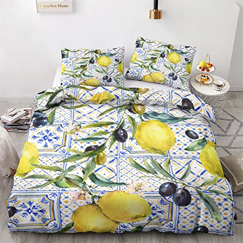 Obst Bettwäsche 135x200 2 Teilig Set - Weiche Winter Wendebettwäsche 135x200 Zitrone mit 1 Kissenbezug 80x80 cm, Atmungsaktive Angenehme Mikrofaser Bettwäsche Set mit Reißverschluss