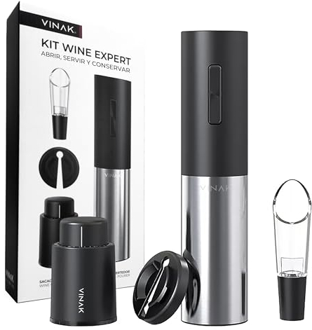 VINAK - KIT Wine Expert - Cavatappi elettrico ricaricabile in acciaio inossidabile + tappo per vino a vuoto + versatore di vino e tagliapsule | Design moderno | Apribottiglie senza sforzo