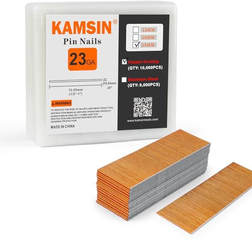 KAMSIN P625 Headless Pin Nails, 23 Gauge 1'' (25mm) Leg Length, Copper Nails,Copper Coating, 10,000 PCS/Box, Pin Nails & Fasteners for Pneumatic Pin Nailer Air Pin Nail Gun