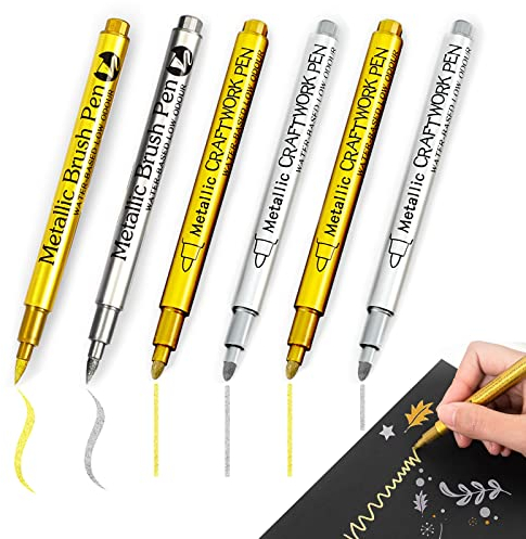 Gold Silver Pens Metallic Marker, 6 Pcs Silver Gold Pen Acrylic Paint Makers Pens Thick & Fine Tip for Crafts Scrapbooking Rock Painting