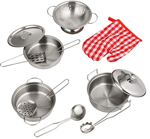 Baroni Toys Set da Cucina per Bambini, 11 Pezzi, Pentole e Padelle Giocattolo in Metallo, Utensili da Cucina, Accessori Cucina Bambini, 3+