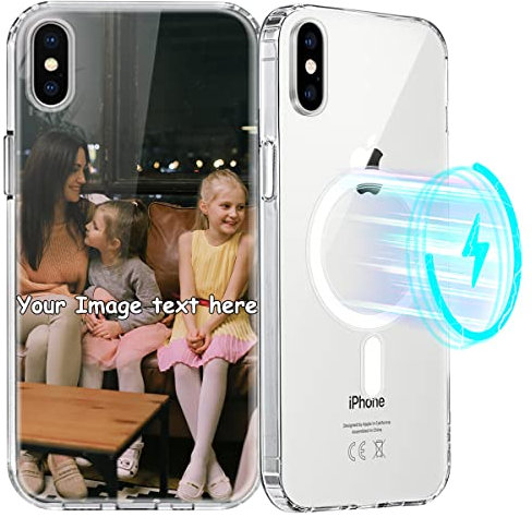 Yoedge Personalisierte Handyhülle für iPhone X/XS 5,8,[Kompatibel mit MagSafe] Magnetisch Hülle mit Eigenem Foto Bild Text Schutzhülle Selbst Gestalten,Transparent Weiche Dünn Silikon Stoßfest Case