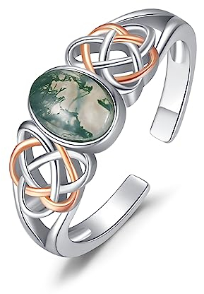 PRAYMOS Ring 925er-Sterlingsilber Geburtssteinring Türkisfarbener moosweißer Opalring für Damen Mädchen keltischer Knoten Offener Verstellbarer Daumenring (A02-Moosring)