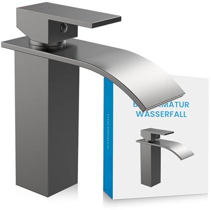 Bächlein Rubinetto da bagno Tamina a cascata, miscelatore monocomando con cartuccia in ceramica durevole e kit di montaggio, rubinetto da bagno, colore antracite