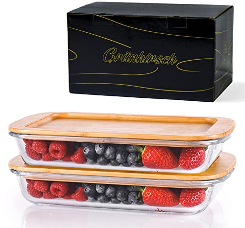 Grünhirsch Aufschnittbox stapelbar Glas 1 L - [2er Set] Wurstbox Kühlschrank - Perfekt als Wurstbehälter, Käseglocke, Frischhaltedosen mit Bambusdeckel