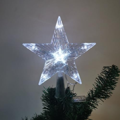 Christmas Tree Decoration, Christmas Tree Topper with 10 LEDs with Power Plug - 16 x 16 cm, Luminous Christmas Tree Pentagram, Christmas Tree Star Topper (White Light, 23 x 23 cm)