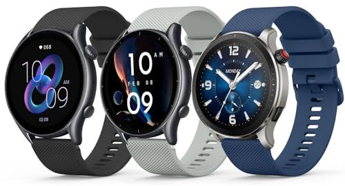 Yisica 3 Piezas Correa para Amazfit GTR/GTR 2/GTR 3/GTR 4/GTR 3 Pro, 22mm Correa de Silicona para Amazfit GTR 2e/GTR 3/GTR 47mm, Negro/Gris/Azul Marino
