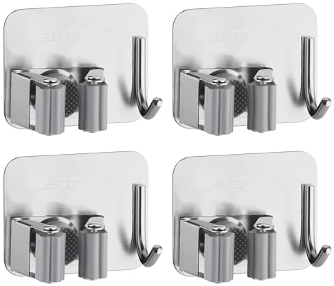 M JINGMEI Mop Holder Wall Mounted, 4 Pcs Stainless Steel Self Adhesive Mop Broom Holder with Hooks Hanger Self-Adhesive Broom Holder for Office, Closet, Garden Garage, Bathroom,Kitchen (Silver)