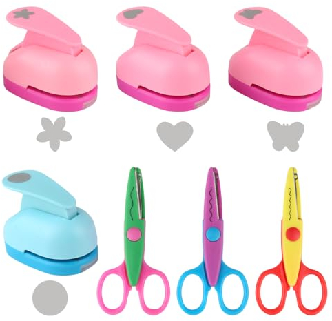 Kinder Papierstanzer Bastelschere Set, 4 Stück Stanzer Kinder + 3 Stück Kinderschere, Herz | Kreis | Blume | Schmetterling Motivstanzer Ø15mm, 3 Formen Kinder Sicherheit Schere Zickzackschere
