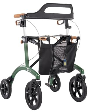 Saljol Allround Rollator in Vollausstattung, 6,4 kg Leichtgewicht mit Sitz, Rückengurt, Tasche, Stockhalter, Klingel, LED-Licht | Outdoor Gehhilfe für Stadt und Land, Sitzhöhe 62 cm, Grün