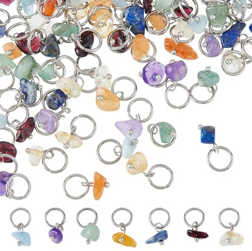 SUPERFINDINGS 84 Stück 7 Farben Naturstein Anhänger Gemischte Edelstein Charms Mit Silbernem Biegering Aus Edelstahl Gemischte Farben Baumelnde Charms Für Ohrring Halskette 14mm