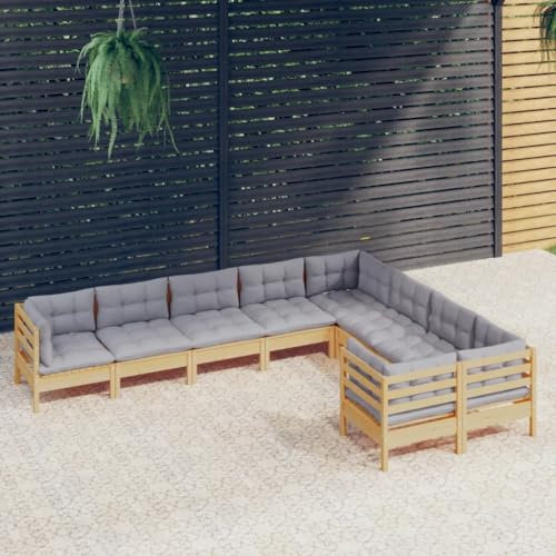 DYRJDJWIDHW bodensofa,palettenmöbel,gartenmöbel Rattan wetterfest,9-TLG. Garten-Lounge-Set mit Grauen Kissen KiefernholzGeeignet für Garten, Swimmingpool, Wohnzimmer, Terrasse