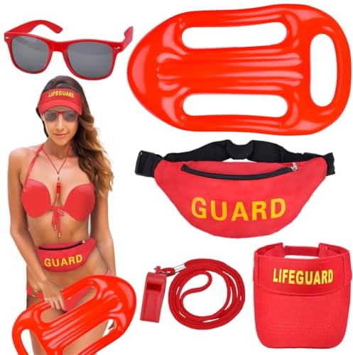 Vibbang 5 Pezzi Costumi da Bagnino Include Cappello da Bagnino, Marsupio, Fischietto, Galleggiante Gonfiabile e Occhiali da Sole, Accessori per Bagnini per Feste in Spiaggia in Piscina