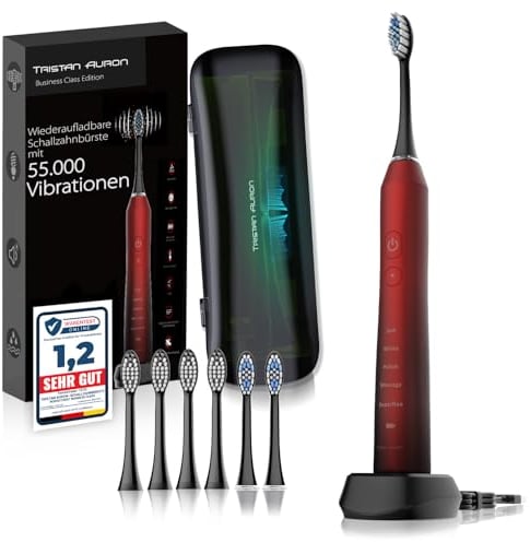 Tristan Auron Schallzahnbürste - Beste Reisezahnbürste 2025-100 Tage risikofrei testen - 55000 Elektrische Schwingungen 5 Programme 60 Tage Batterie mit UV Reiseetui 2 Aufsätze Business Class Rot