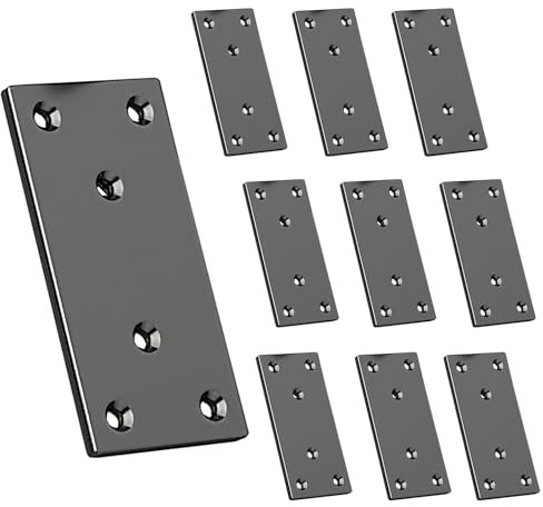 10 PCS Flat Joining Plates, Black Heavy Duty Straight Perforated Braces Brackets with 60 Screws, Stainless Steel Flat Brackets for Wood Fixing (100*50*2mm)