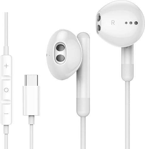 For iPhone 16e/16/16 Pro/16 Pro Max/16 Plus/15 USB C Earphones Type c In-Ear Headphones Wired Earphones Microphone Volume Control HiFi Stereo Earbuds MP3 Players Noise Isolating Deep Bass Lightweight