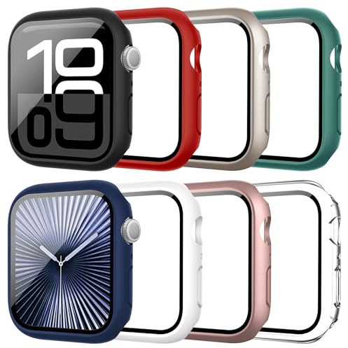 Tiorecime 8 Stück Schutzhülle für Apple Watch Series 9/8/7 41mm, mit Displayschutzfolie aus gehärtetem Glas, harter Polycarbonat, kratzfest, kompatibel mit iWatch S9/8/7 41mm