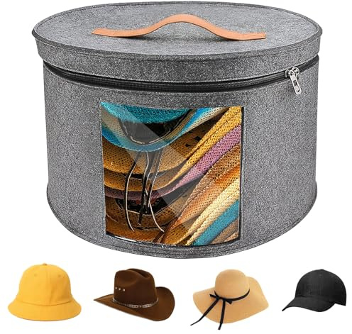 Großer Hutschachtel Rund mit Deckel, 40 x 25 cm Faltbare Hut Aufbewahrungsbox, Filz Hutboxen mit Reißverschluss und Ledergriff, Mützen Organizer, Hutkoffer mit Durchsichtigem Fenster für Schrank Reise