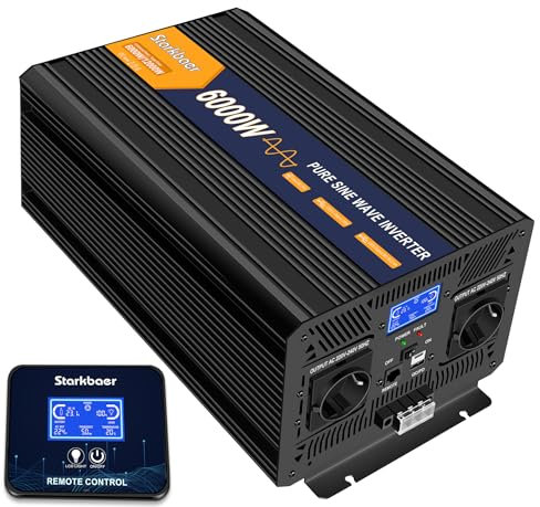 Starkbaer 6000W/12000W Wechselrichter 24v auf 230v Reiner Sinus Spannungswandler Power Inverter KFZ Konverter mit LCD-Bildschirm,Fernbedienung,2 EU AC Steckdosen,Type-C und USB Anschlüsse (6000W24V)