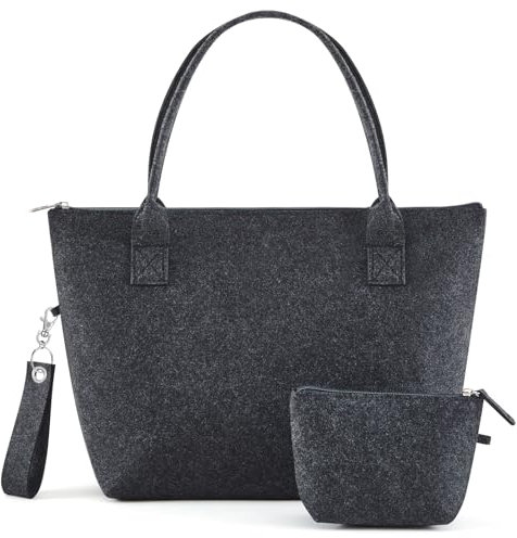 Xuniea Damen Filztasche mit Reißverschluss Filz Tragetasche Mittlere Einkaufstasche Handtasche Shopper mit Kosmetiktasche Portemonnaie Schlüsselanhänger Beplotten Bemalen Weihnachten(Dunkelgrau)