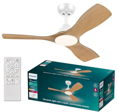 Philips Olas Deckenventilator, 3 Flügel, 107cm ⌀, 24 W LED-Licht, Gleichstrommotor, Farbtemperaturbereich (3000K-4300K-6500K), dimmbar, Fernbedienung inkl., weiß-Holz