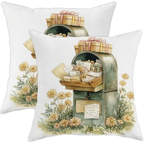 Mailbox Decorative Pillow Covers Set of 2, Green Floral Throw Pillows Case, Spring and Summer Farmhouse Decor Cushion Covers for Home Sofa Couch Bed, Gift Idea 16x16 Inch