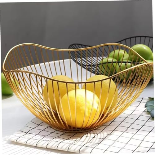 Gold Basket, Curved-Edge Gold Fruit Bowl, Metal Wire Fruit Basket, Decorative Holder for Kitchen Countertop Veggies, Bread, Snacks, Bowl
