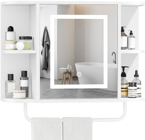 MAHANCRIS Bathroom Wall Cabinet with Mirror, Mirrored Medicine Cabinet with 3 Colors LED Light and 4 Open Shelves, Wall Mounted Over The Toilet Storage Unit with Adjustable Shelf, White AWCWT33KE01