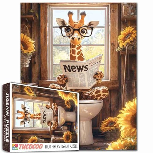 Tucocoo Niedliche Giraffen-Sonnenblumen-Puzzles 1000 Stück, sitzend auf Toilette Lesen Zeitung Kunst Puzzle für Erwachsene Bauernhausstil DIY Handwerk Puzzles für Heimdekoration Geschenke
