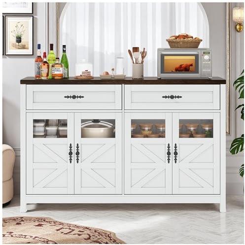Wyibwy Küchenschrank 140 x 39 x 90 cm, mit 4 Türen und 2 geräumigen Schubladen, Sideboard für Esszimmer, Kommode, Schrank mit Schubladen, moderne Bar, Anrichte, Weiß