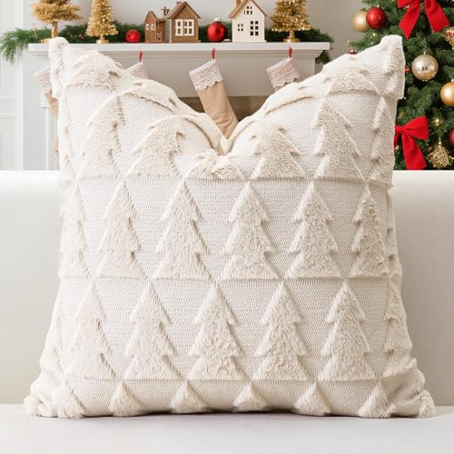 Artscope 1er Set Wolle Kissenbezüge Weicher Plüsch Kurzer Wollsamt Dekokissenbezuge Sofakissen Weihnachten Kissenhülle für Sofa Schlafzimmer Weihnachtsbaum Creme Beige, 40x40cm