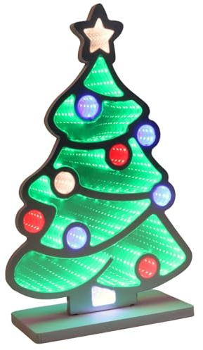 Mr Crimbo LED Infinity Mirror Christmas Tree Decoration 40cm – Light Up Indoor Ornament with Multicolour LEDs, Optical Illusion Effect, Freestanding on White Base, Mains Powered with 5m Cable